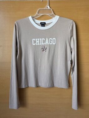 Chicago Graphic Crop Top Long Sleeve Y2K Streetwear Leopard Star Tee Beige Sz L